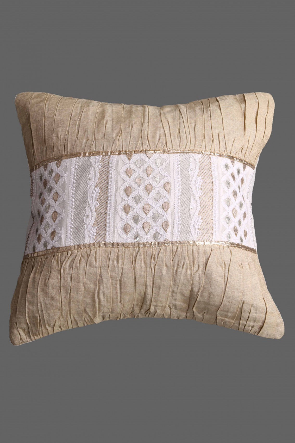 Ada Hand Embroidered Fawn Cotton Lucknowi Chikankari Cushion Cover With Gota Patti Work A563349
