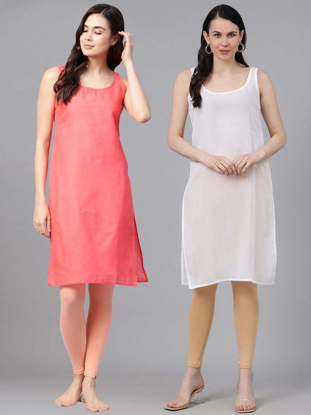 Ada White And Carrot Pink Cotton Long Slips Combo of 2 A111136.