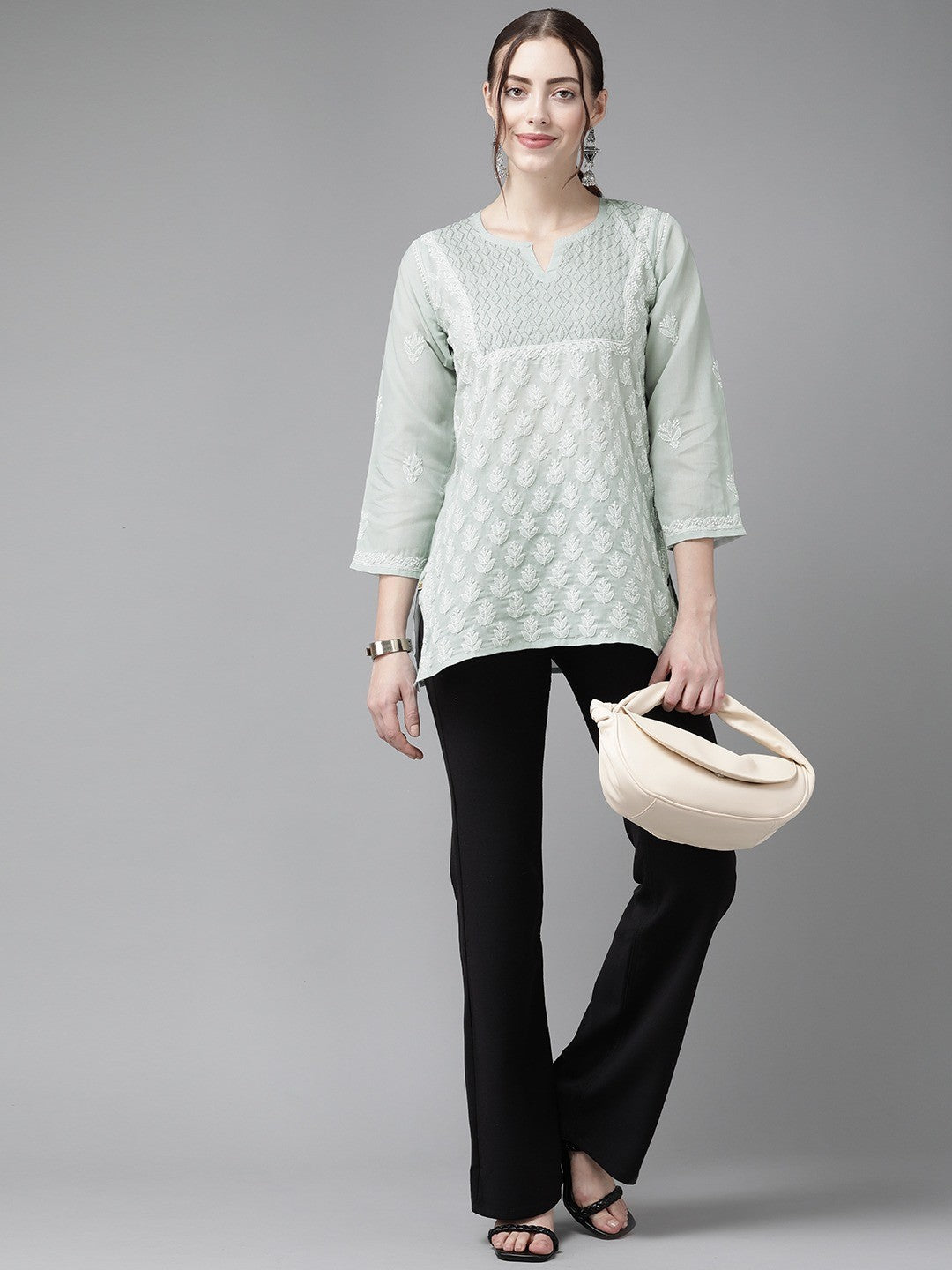 Ada Hand Embroidered Grey Cotton Lucknowi Chikankari Kurti A911216