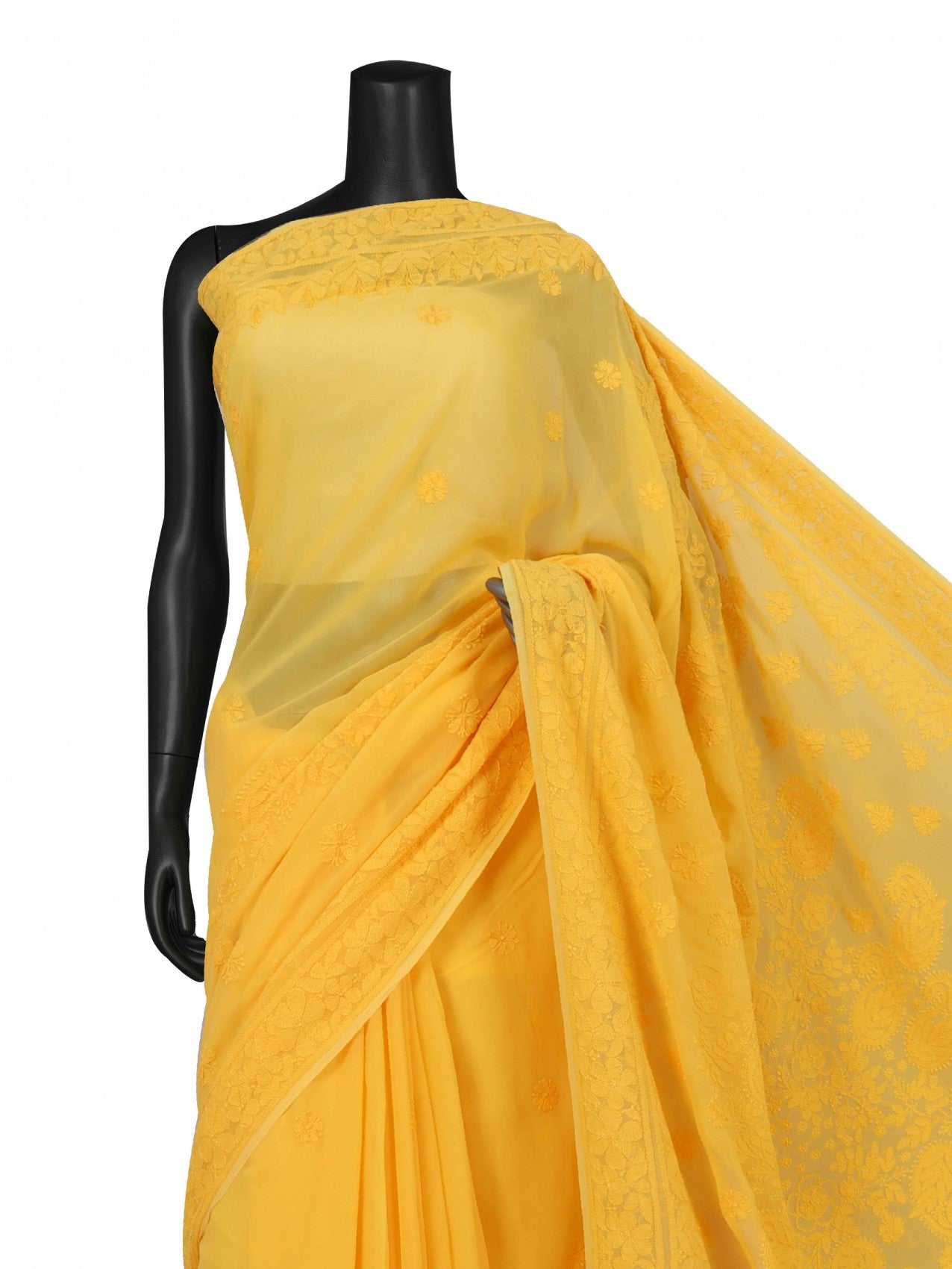 Ada Hand Embroidered Yellow Georgette Lucknowi Chikankari Saree With Blouse 01A131010
