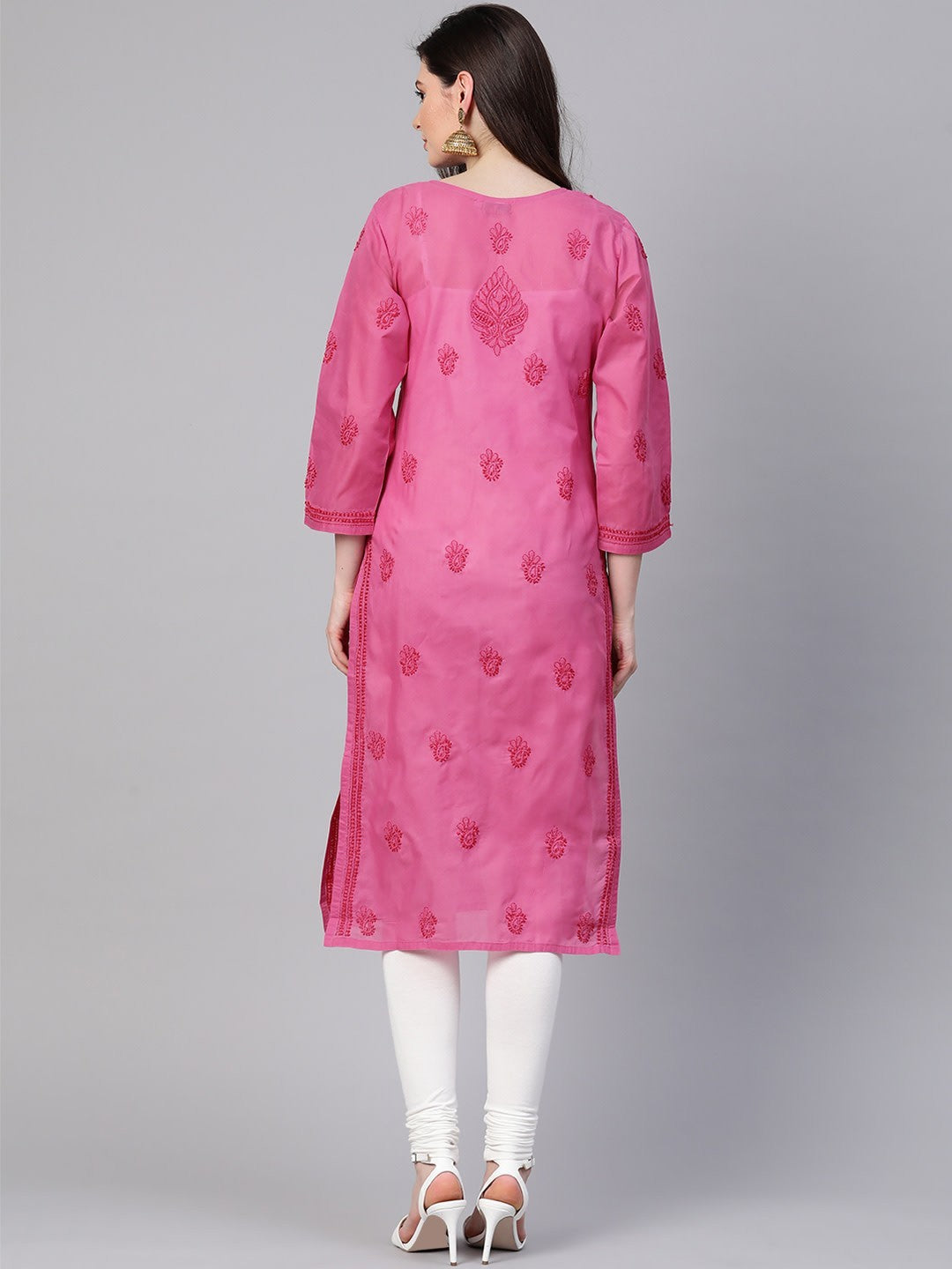 Ada Hand Embroidered Magenta Cotton Lucknowi Chikankari Straight Kurta A100364