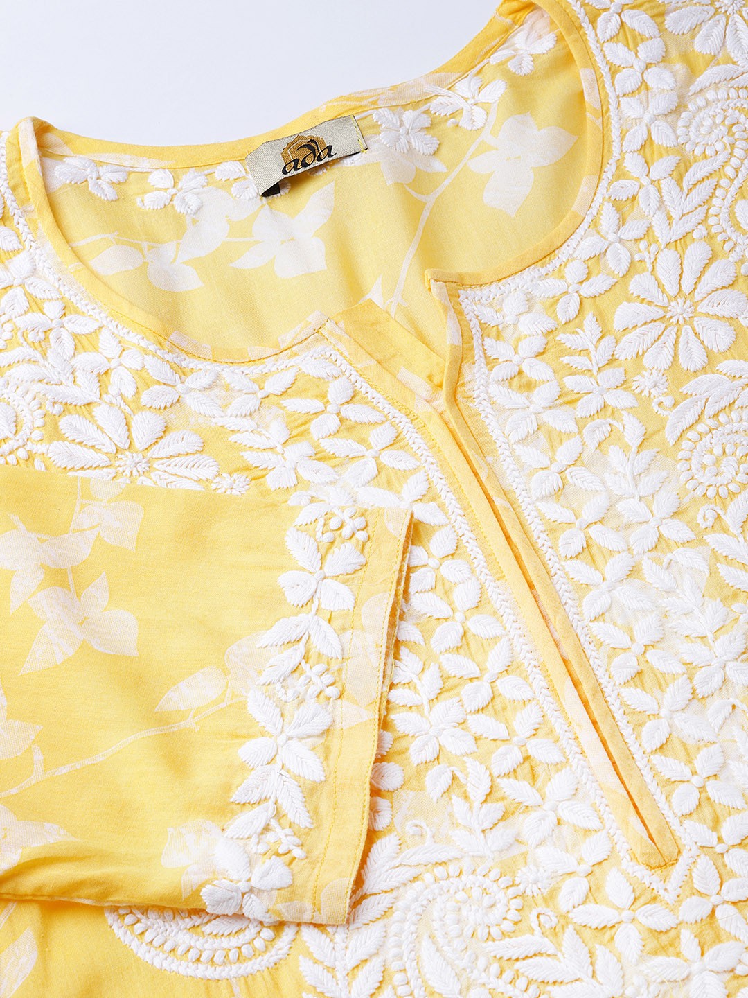 Ada Hand Embroidered Yellow Cotton Lucknowi Chikankari Straight Kurta A100111