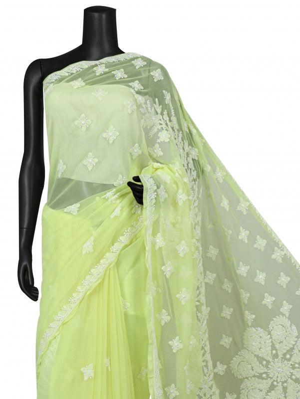 Ada Hand Embroidered Lemon Georgette Lucknowi Chikankari Saree With Blouse A599388