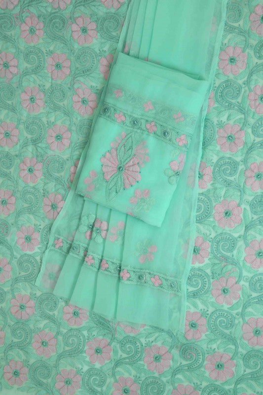 Ada Hand Embroidered Sea Green Georgette Lucknowi Chikan Unstitched Suit Piece A630426