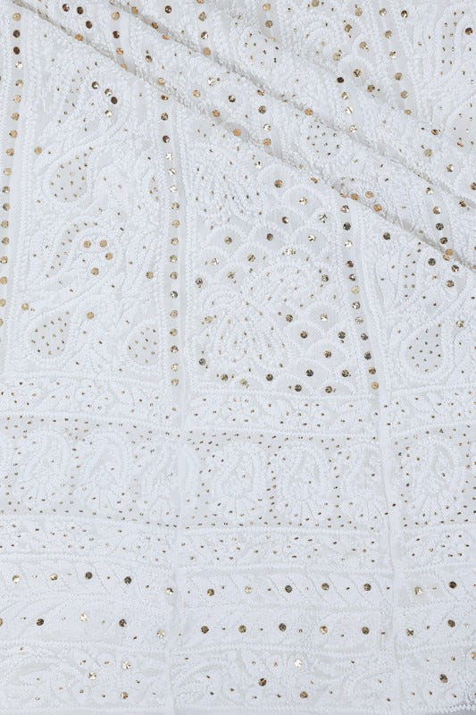 Ada Hand Embroidered White Georgette Lucknowi Chikankari Semi-stitched Anarkali Kurta Dupatta Set With Muqaish Work- A615417