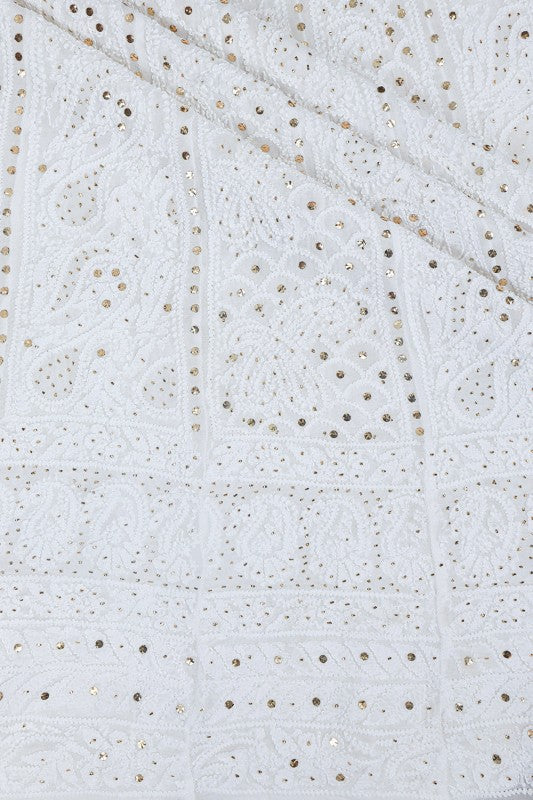 Ada Hand Embroidered White Georgette Lucknowi Chikankari Semi-stitched Anarkali Kurta Dupatta Set With Muqaish Work- A615417