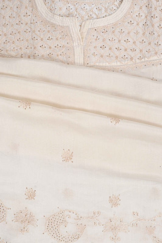 Ada Hand Embroidered Cream Chanderi Lucknowi Chikankari Semi-Stitched Anarkali Kurta Dupatta Set With Muqaish Work A623444