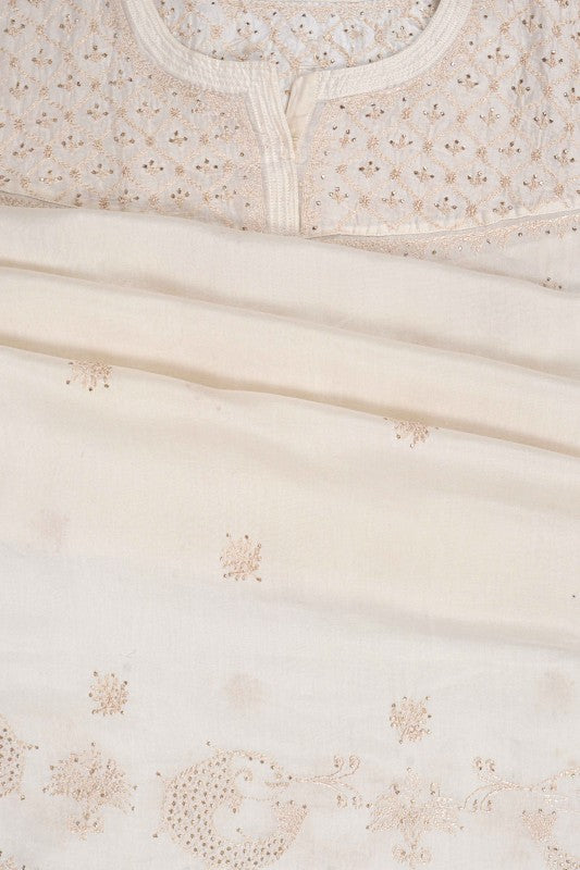 Ada Hand Embroidered Cream Chanderi Lucknowi Chikankari Semi-Stitched Anarkali Kurta Dupatta Set With Muqaish Work A623444