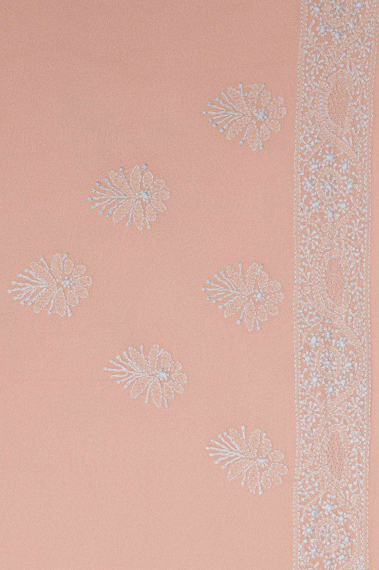 Ada Hand Embroidered Peach Pure Georgette Lucknow Chikan Saree With Blouse- A594620