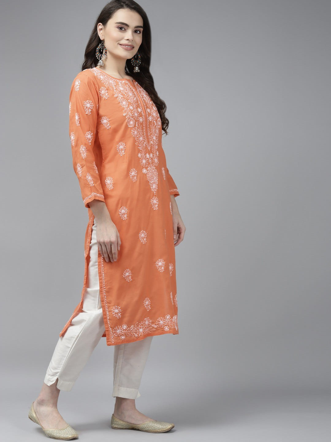 Ada Hand Embroidered Rust Cotton Lucknow Chikan Straight Kurta A353228
