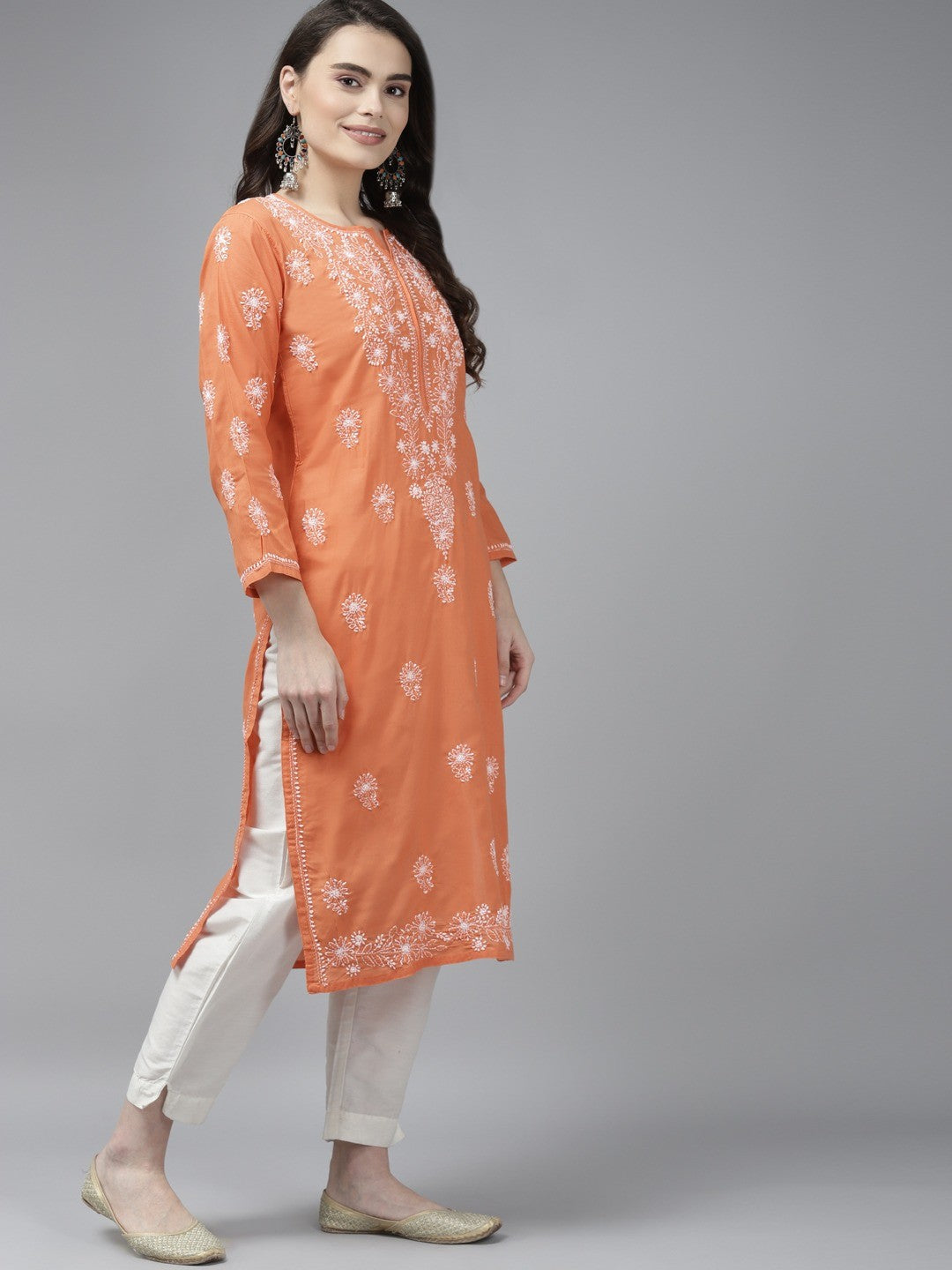 Ada Hand Embroidered Rust Cotton Lucknow Chikan Straight Kurta A353228
