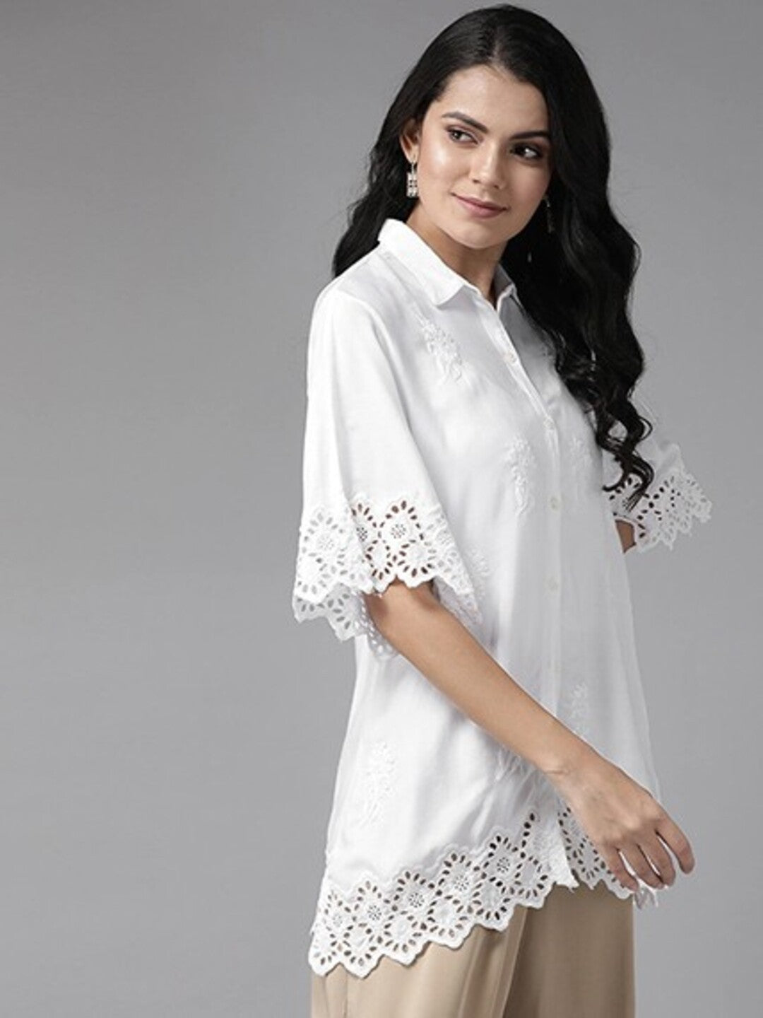 Ada Hand Embroidered White Cotton Lucknowi Chikankari Shirt A911119