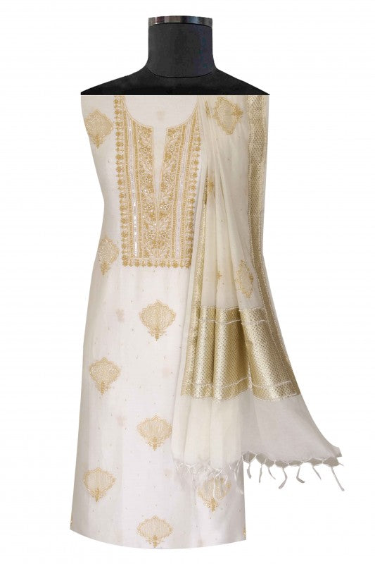 Ada Hand Embroidered Off White Chanderi Lucknowi Chikankari Unstitched Kurta Dupatta Set With Pearl Work 01A86296