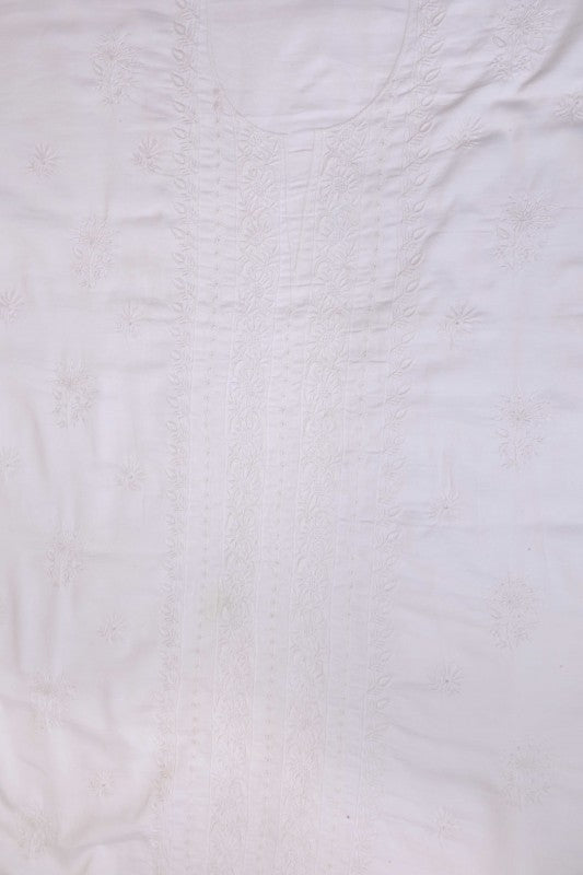 Ada Hand Embroidered White Cotton Chikan Unstitched Men's Kurta Piece-A597735