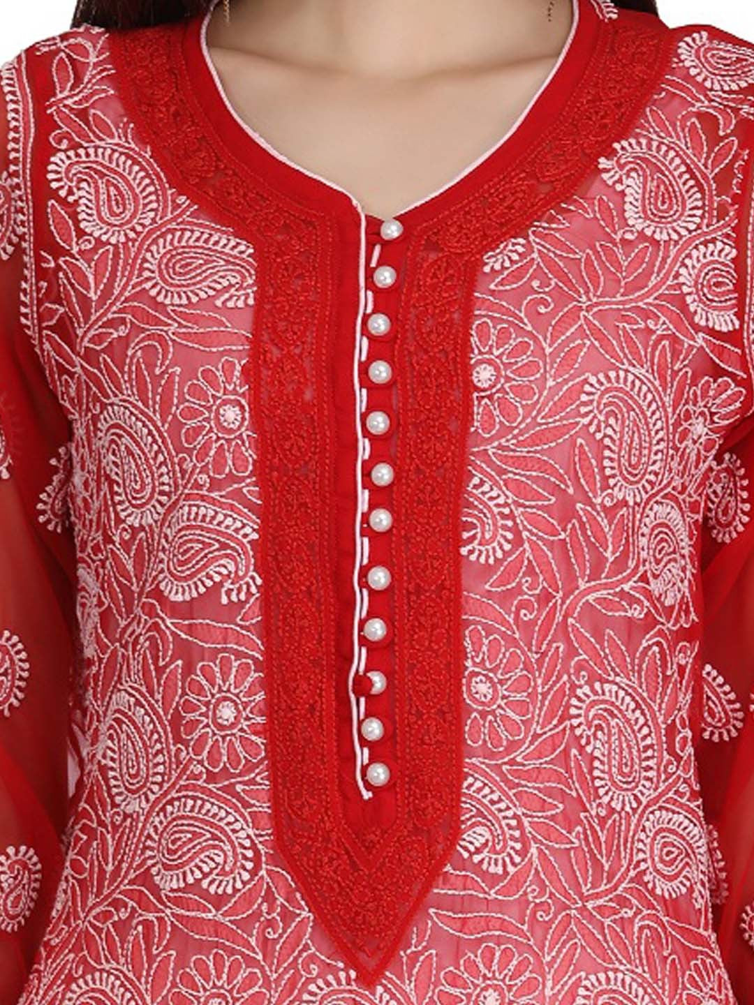 Ada Hand Embroidered Red Georgette Lucknowi Chikankari Straight Kurta with Slip A223964