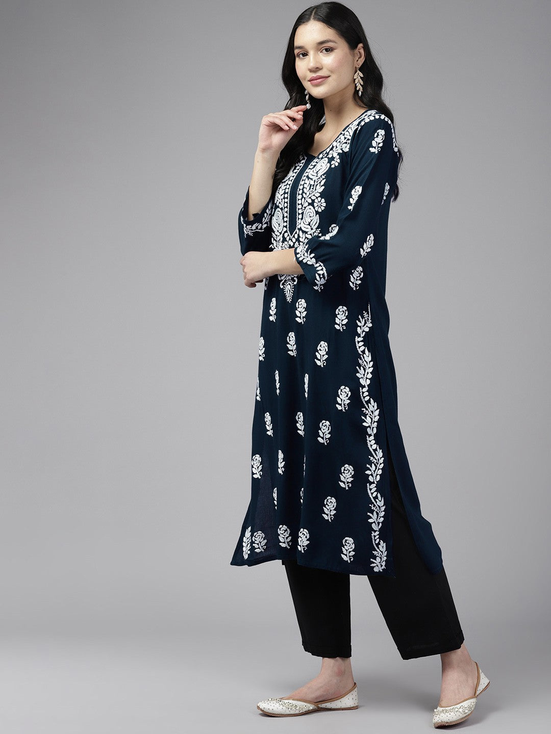 Ada Hand Embroidered Navy Blue Rayon Lucknowi Chikankari Straight Kurta A411447