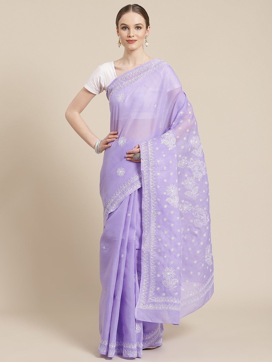 Ada Hand Embroidered Lavender Cotton Lucknow Chikan Saree With Blouse-A311249