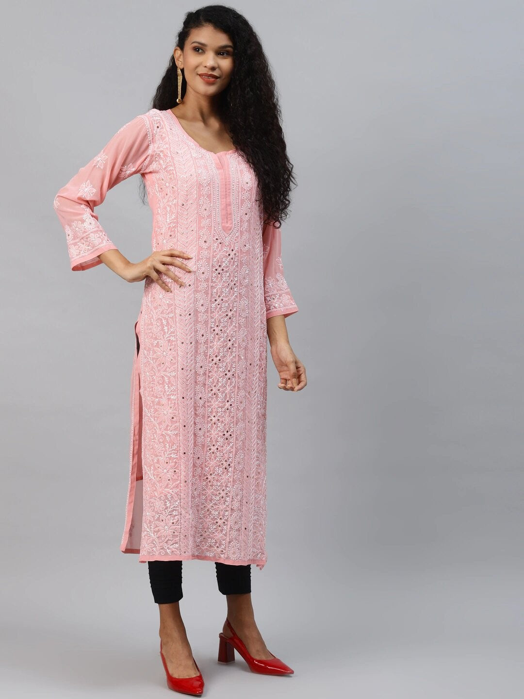 Ada Hand Embroidered Peach Georgette Lucknow Chikankari Straight Kurta/Slip with Muqaish Work A411218