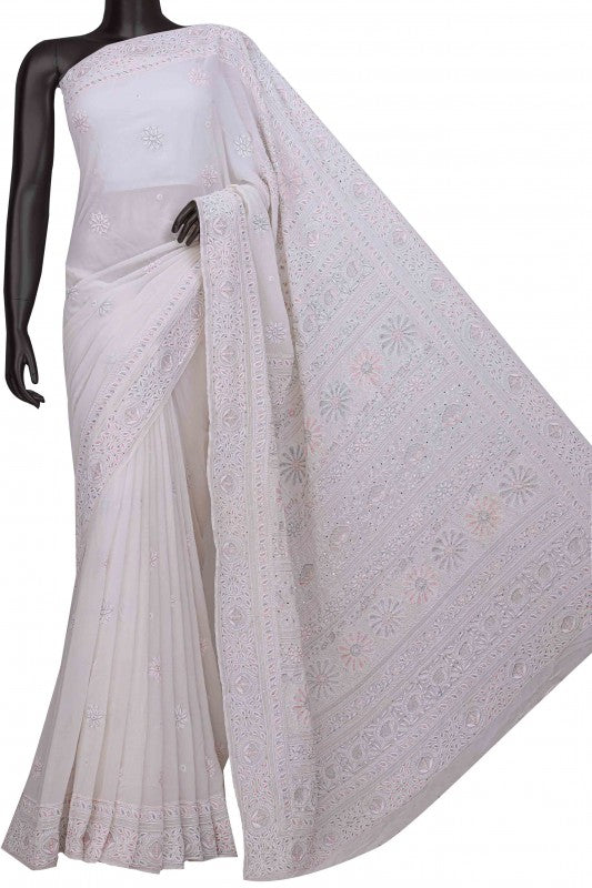 Ada Hand Embroidered White Pure Georgette Lucknowi Chikankari Saree With Blouse-A565718