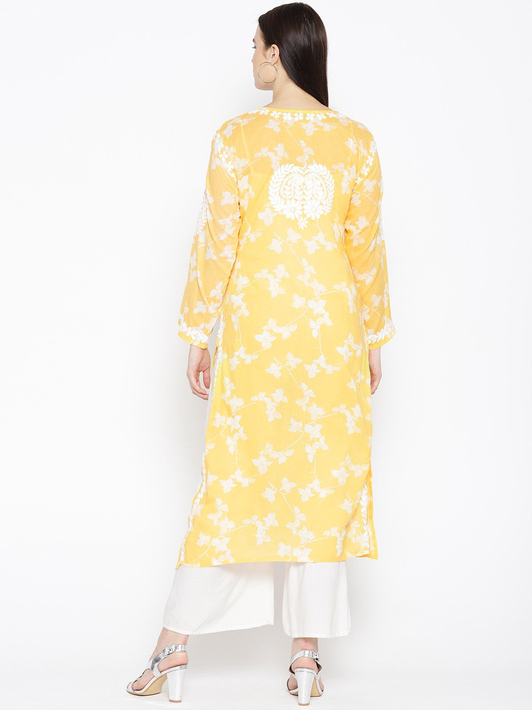 Ada Hand Embroidered Yellow Cotton Lucknowi Chikankari Straight Kurta A100111