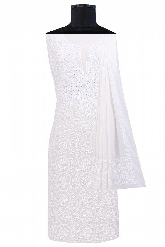 Ada Hand Embroidered White Pure Georgette Lucknowi Chikan Unstitched Kurta Dupatta Set- A257105