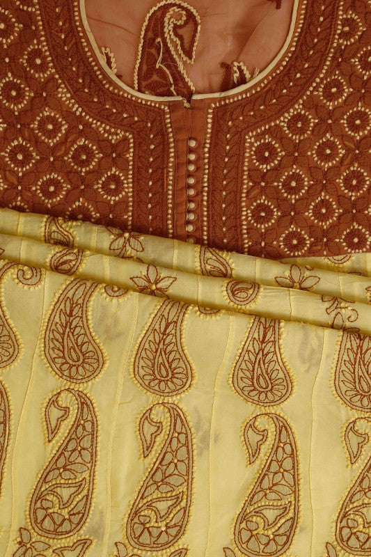 Ada Hand Embroidered Yellow Cotton Lucknowi Chikan Unstitched Suit Piece –A592874