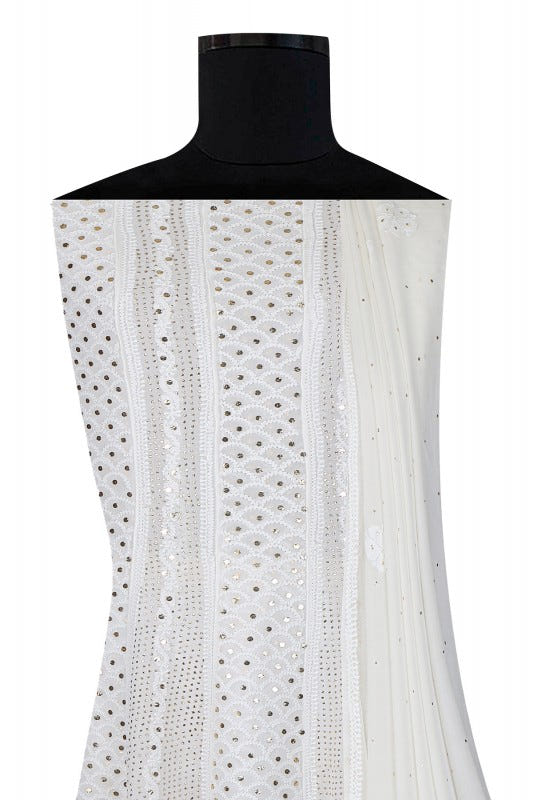 Ada Hand Embroidered White Georgette Lucknowi Chikankari Semi-stitched Anarkali Kurta Dupatta Set With Muqaish Work- A621527