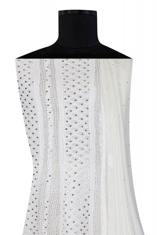 Ada Hand Embroidered White Georgette Lucknowi Chikankari Semi-stitched Anarkali Kurta Dupatta Set With Muqaish Work- A621527