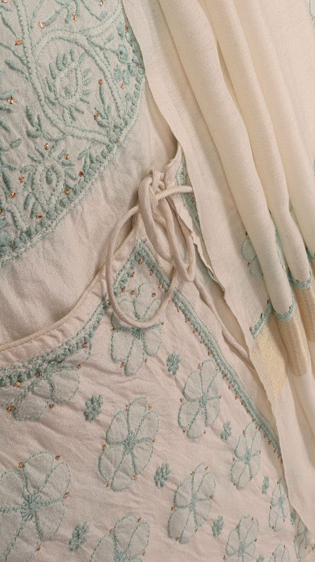 Ada Hand Embroidered Off White Chanderi Lucknowi Chikankari Unstitched Kurta Dupatta Set With Muqaish Work A601078