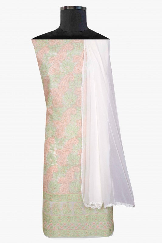 Ada Hand Embroidered Cream Cotton Lucknowi Chikan Unstitched Suit Piece-A100304