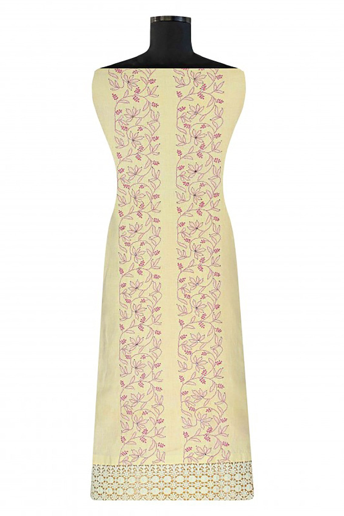 Ada Hand Embroidered Lemon Linen Lucknowi Chikankari Unstitched Kurta Dupatta With Muqaish Work A206684