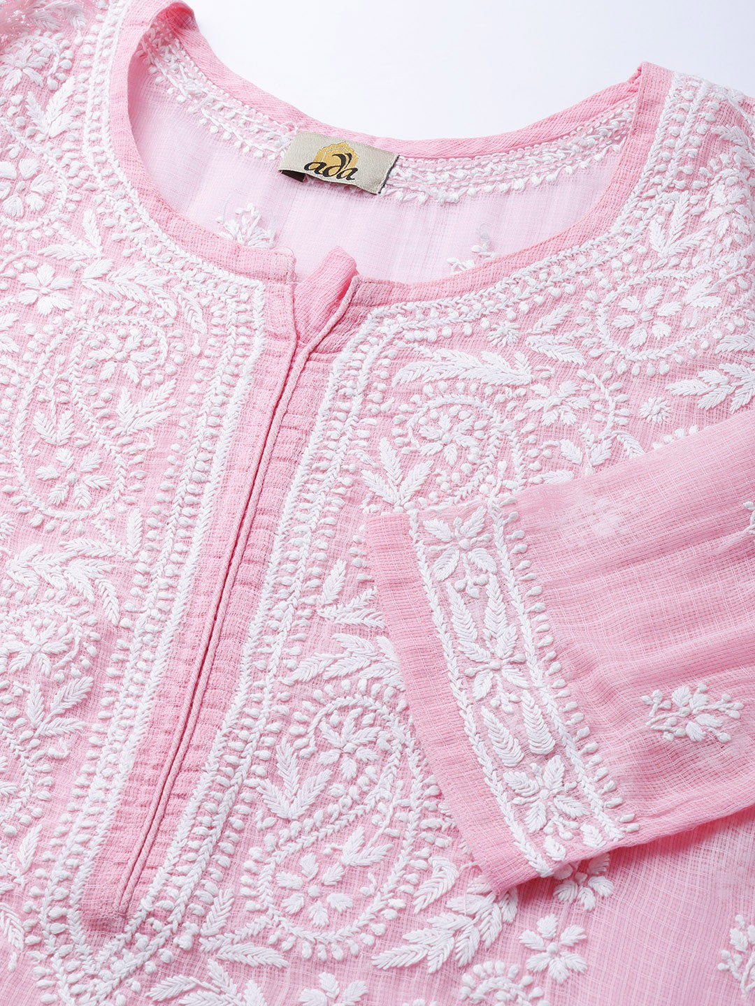 Ada Hand Embroidered Pink Kota Lucknowi Chikankari Straight Kurta With Slip A100118