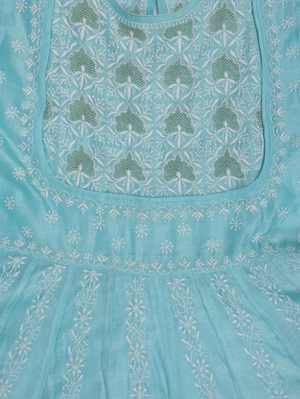 Ada Hand Embroidered Tame Teal Blue Chanderi Lucknowi Chikankari Semi-Stitched Anarkali Kurta Dupatta Set With Zari Work 01A205806