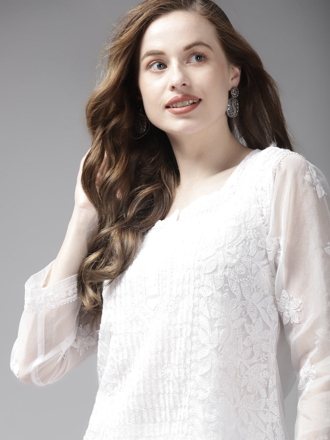 Ada Hand Embroidered White Organza Lucknowi Chikankari Kurti With Slip A911167
