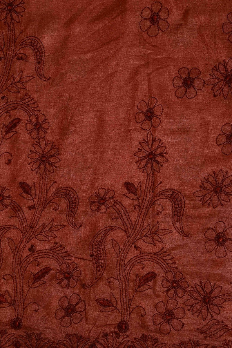 Ada Hand Embroidered Rust Tusser Silk Lucknowi Chikankari Saree With Blouse - A485266
