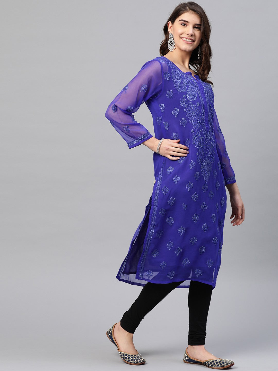 Ada Hand Embroidered Royal Blue Georgette Lucknow Chikan Kurta with Slip A229395