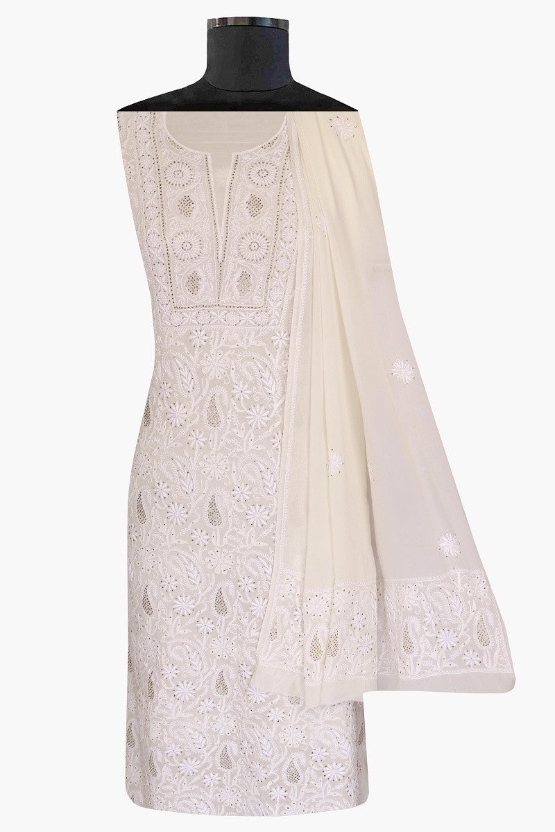Ada Hand Embroidered White Pure Georgette Lucknowi Chikan Unstitched Kurta Dupatta Set With Muqaish Work - A482567