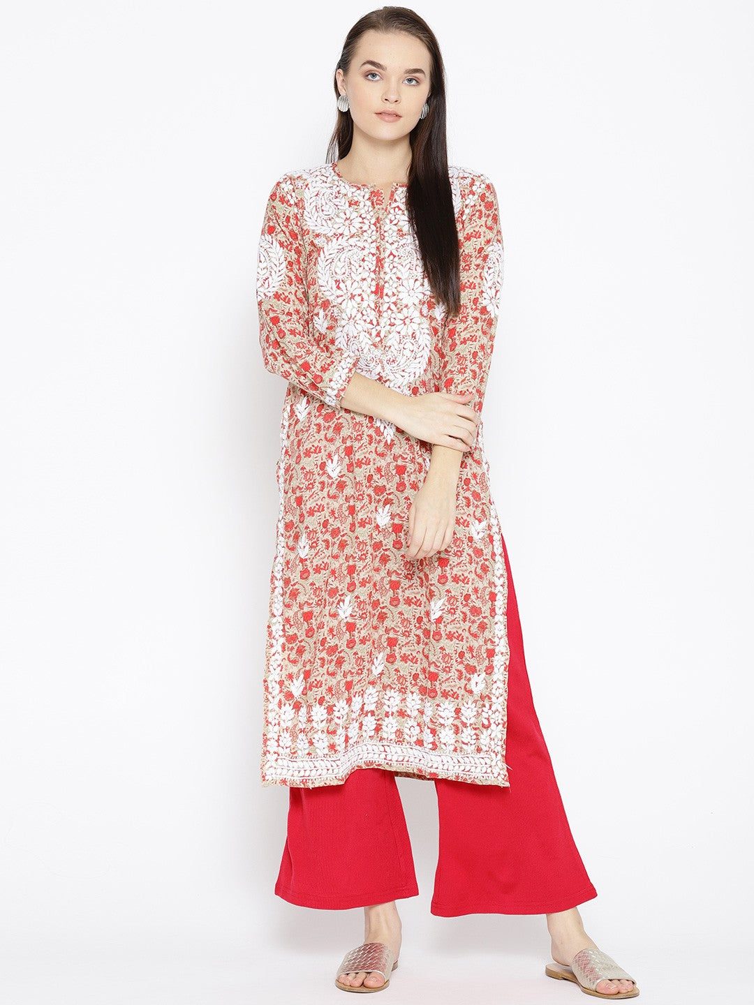 Ada Hand Embroidered Fawn Red Cotton Lucknowi Chikankari Straight Kurta- A100039