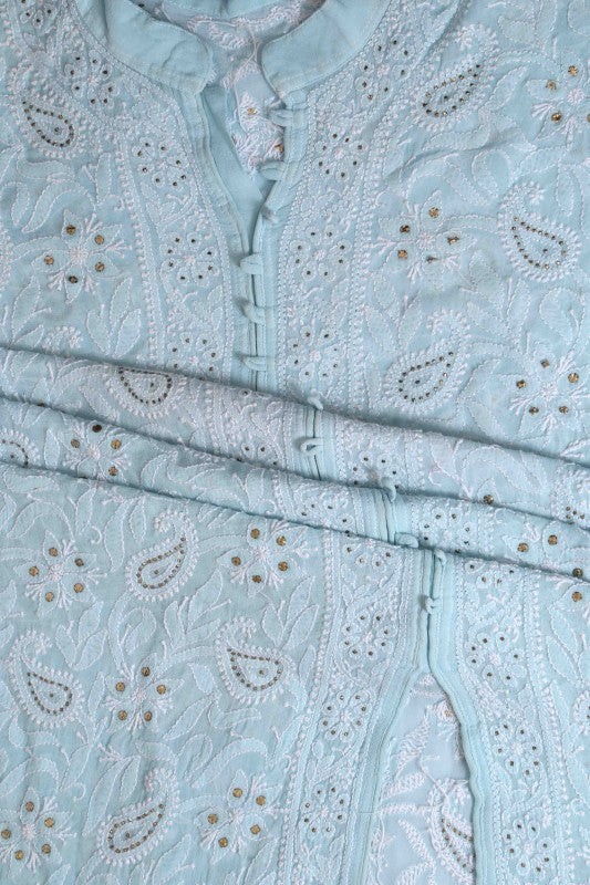 Ada Hand Embroidered Light Blue Pure Georgette Lucknowi Chikankari Semi-stitched Suit Piece Muqaish Work-A431436