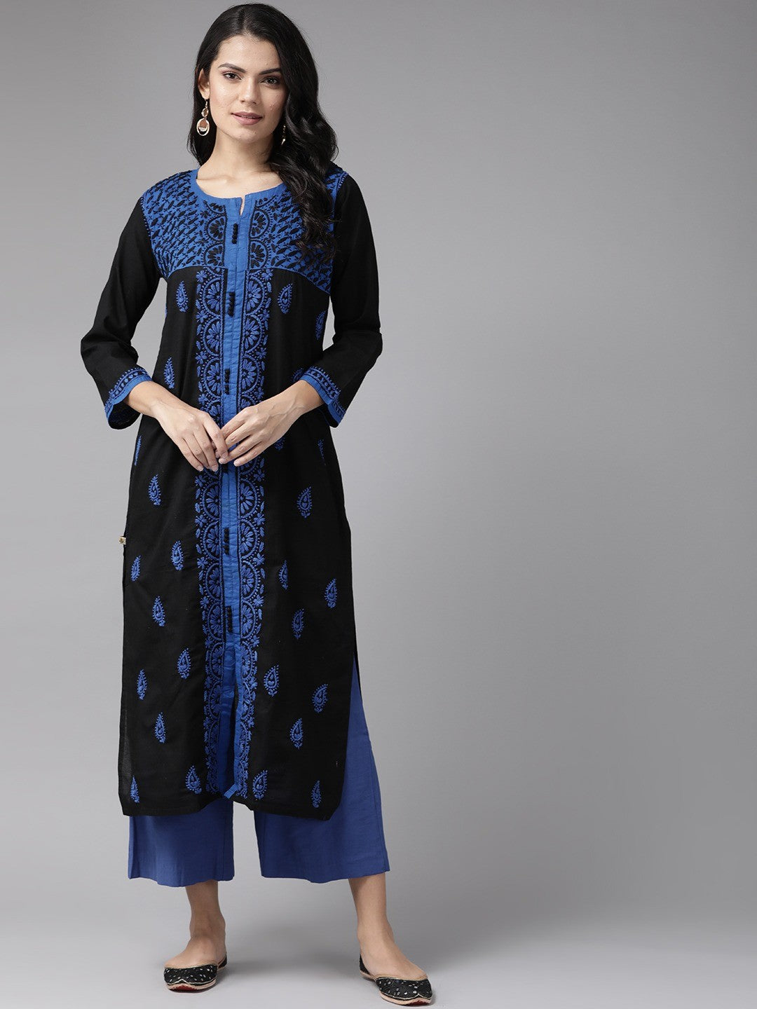 Ada Hand Embroidered Black Cotton Lucknowi Chikankari Straight  Kurta A430788
