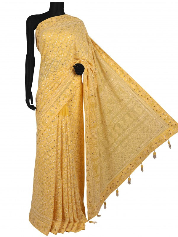 Ada Hand Embroidered Yellow Pure Georgette Lucknowi Chikankari Saree/Blouse With Muqaish Work A595825