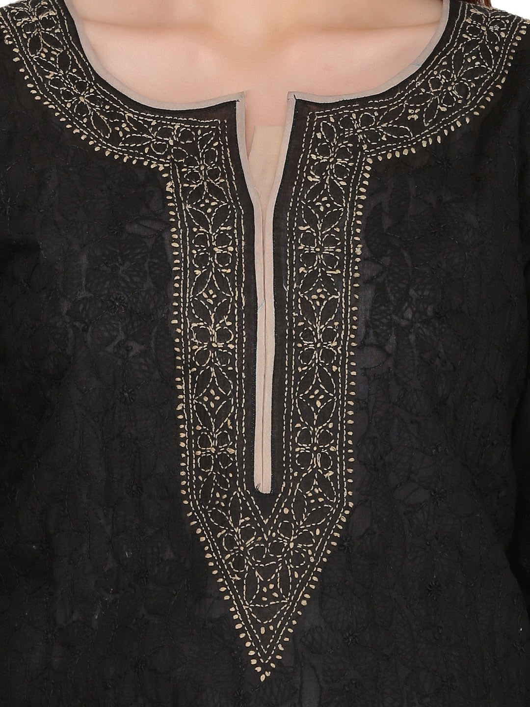 Ada Hand Embroidered Black Cotton Lucknowi Chikankari Straight Kurta- A273556