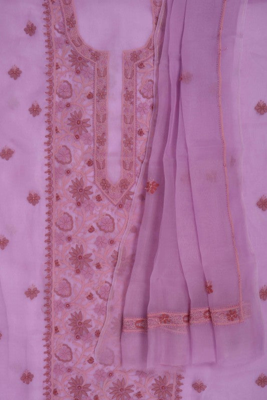 Ada Hand Embroidered Mauve Organza Lucknowi Chikankari Unstitched Kurta Dupatta Set 01A172424