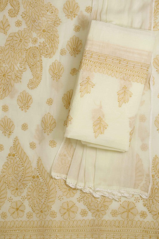 Ada Hand Embroidered Cream Cotton Lucknowi Chikan Unstitched Suit Piece A211126