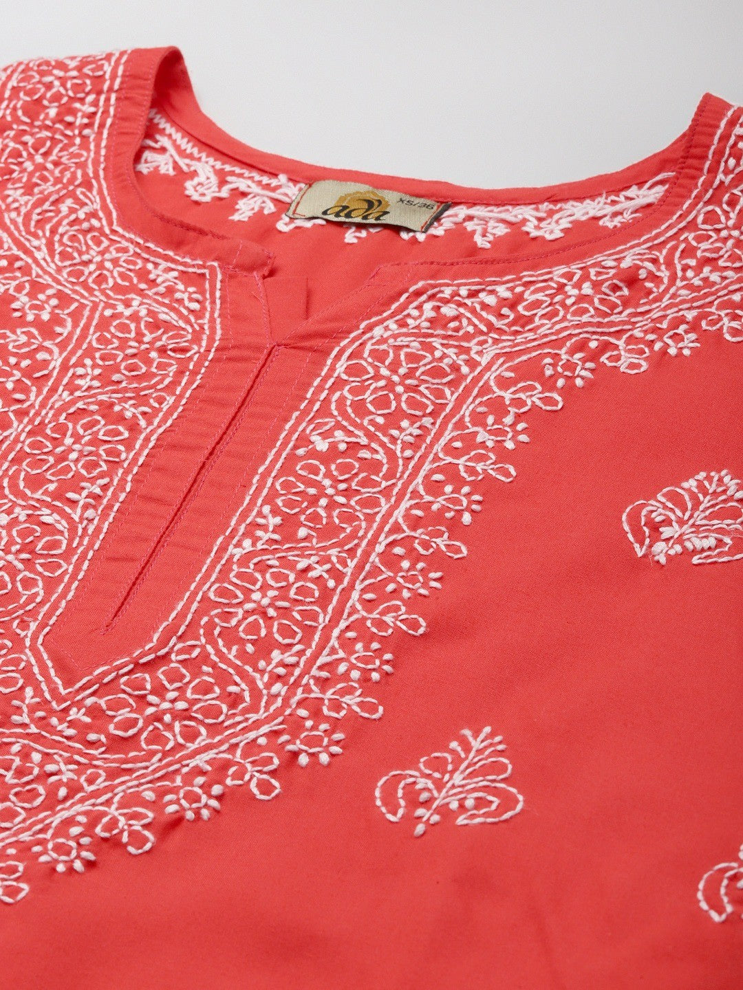 Ada Hand Embroidered Coral Red Cotton Lucknowi Chikankari Kurti A911160