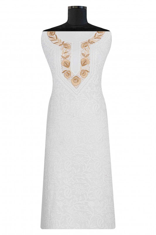 Ada Hand Embroidered White Georgette Lucknowi Chikan Unstitched Kurta Piece With Pearl Work A474897