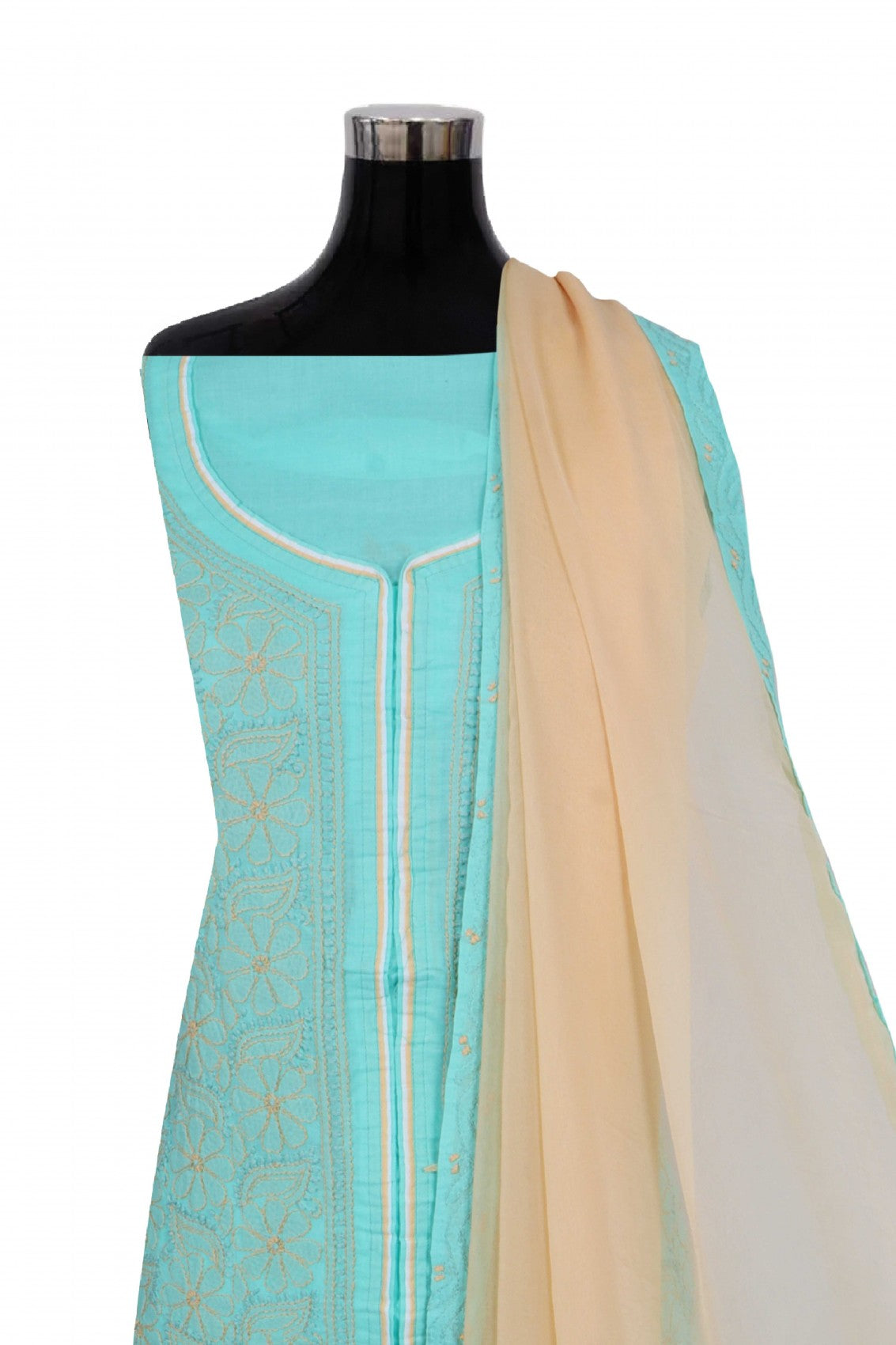 Ada Hand Embroidered Sea Green Cotton Lucknowi Chikankari Unstitched Suit Piece 01A193485