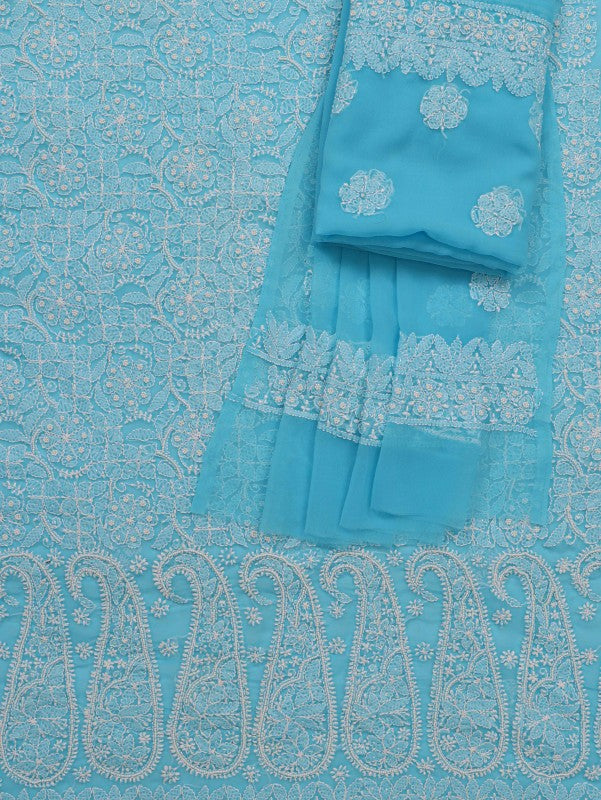 Ada Hand Embroidered Blue Georgette Lucknowi Chikankari Unstitched Suit Piece With Pearl Work 01A54152