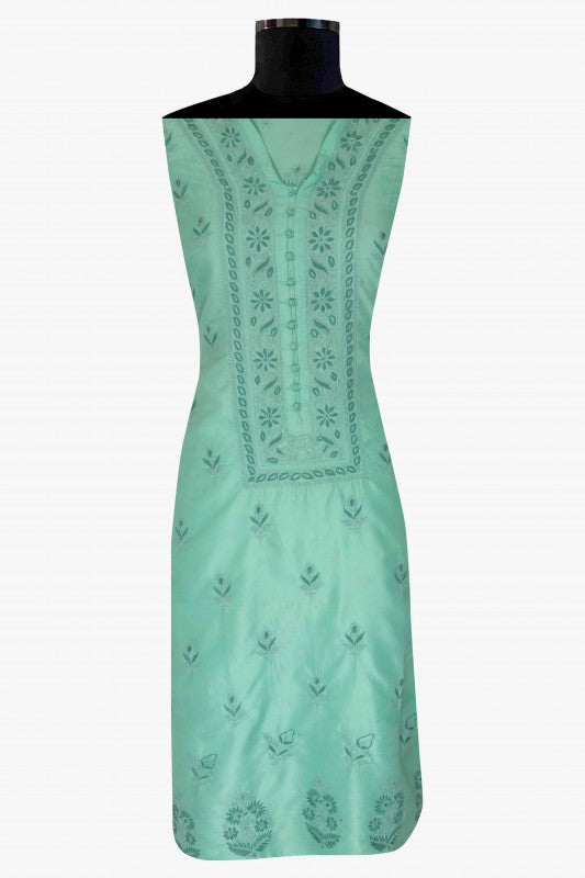 Ada Hand Embroidered Sea Green Silk Lucknowi Chikan Semi-Stitched Kurta Piece A608627