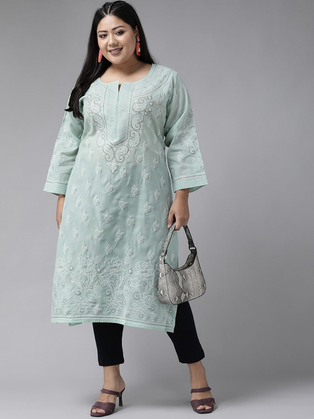 Ada Hand Embroidered Grey Cotton Lucknowi Chikankari Straight Kurta A230001